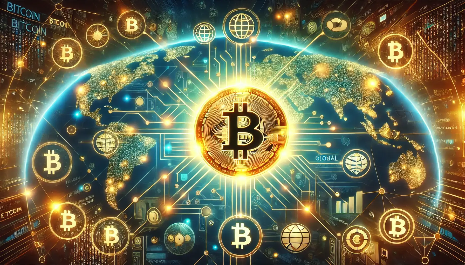 Futuristic illustration of cryptocurrency's transformative power with Bitcoin, blockchain network, and global financial icons.
