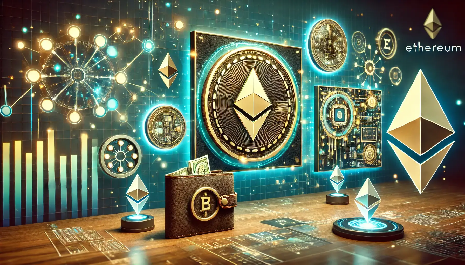 A digital artwork illustrating NFT investment with blockchain symbols, a digital wallet, and unique NFT artworks in a futuristic design.