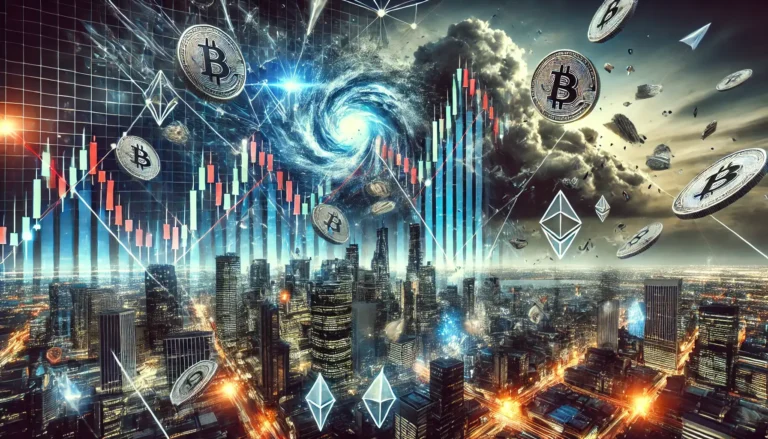Illustration of a potential global cryptocurrency crash with a futuristic cityscape, declining digital graphs, blockchain symbols, and a stormy sky.
