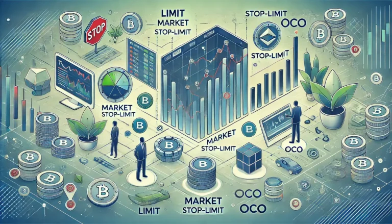 Illustration of different cryptocurrency order types, including limit, market, stop-limit, and OCO, with charts, trading interface, and icons in a professional style.