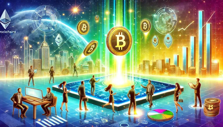 Futuristic illustration of a cryptocurrency launchpad with glowing tokens, investors, and blockchain-inspired elements in a vibrant setting.