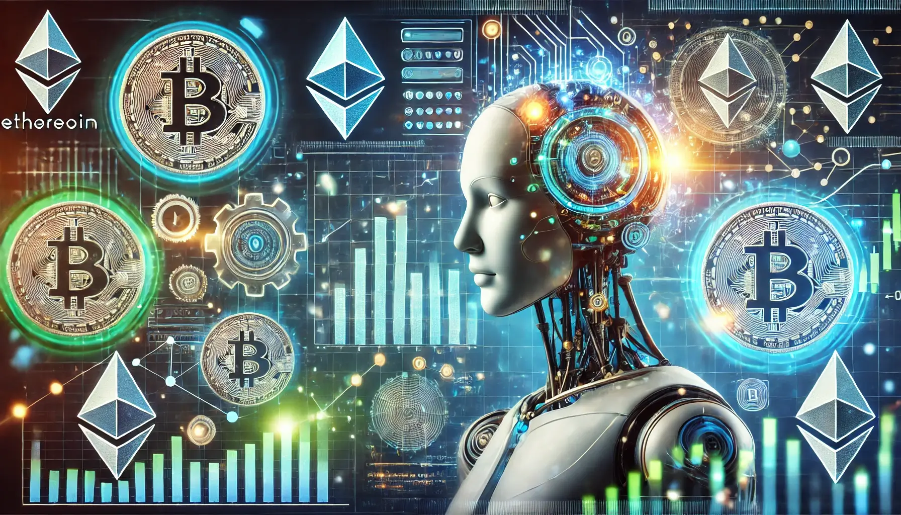 Futuristic AI robot analyzing cryptocurrency data charts with Bitcoin and Ethereum symbols in a glowing tech-inspired background.