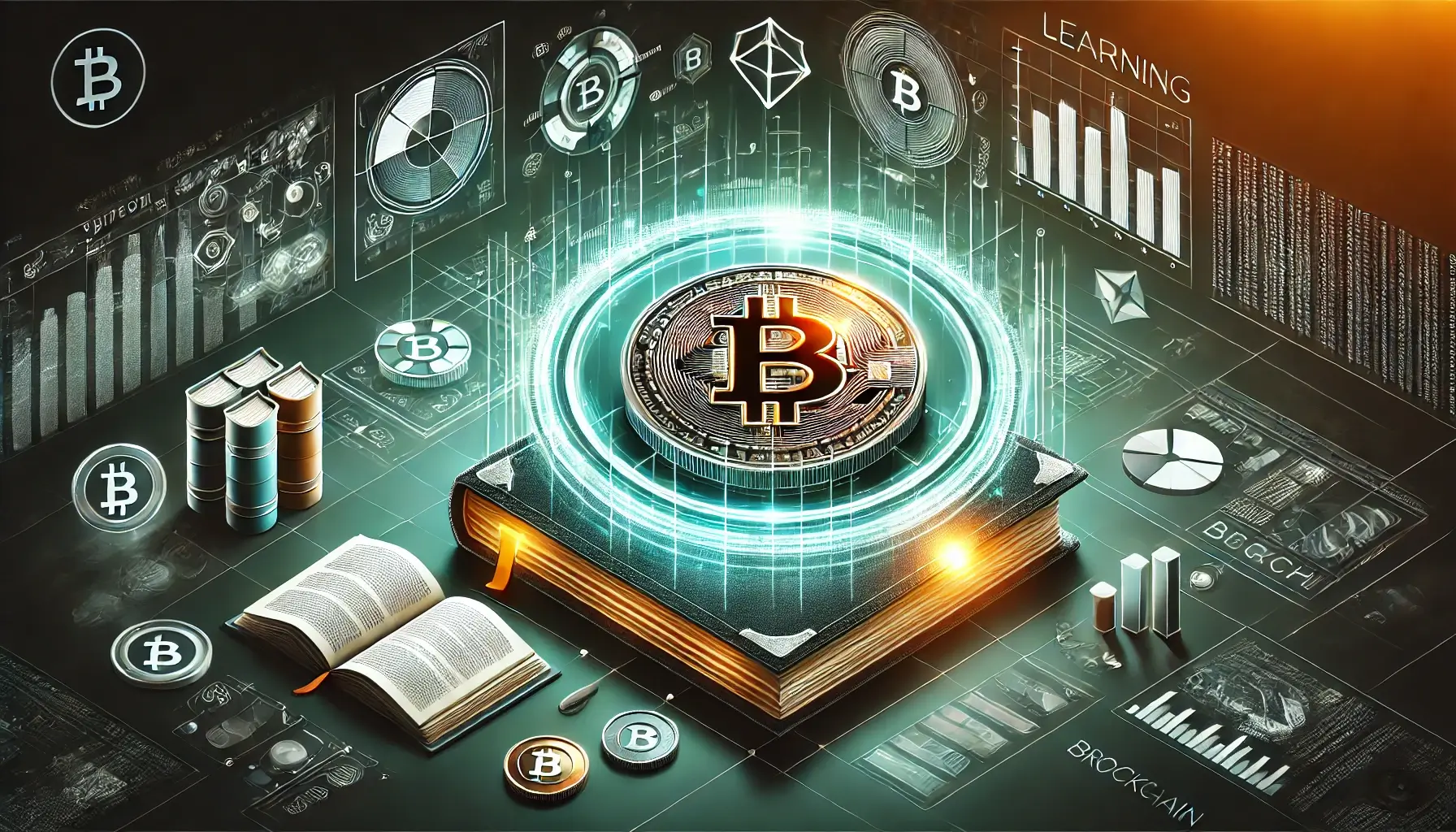 Illustration of cryptocurrency learning with a glowing Bitcoin symbol, educational tools, and blockchain graphics.