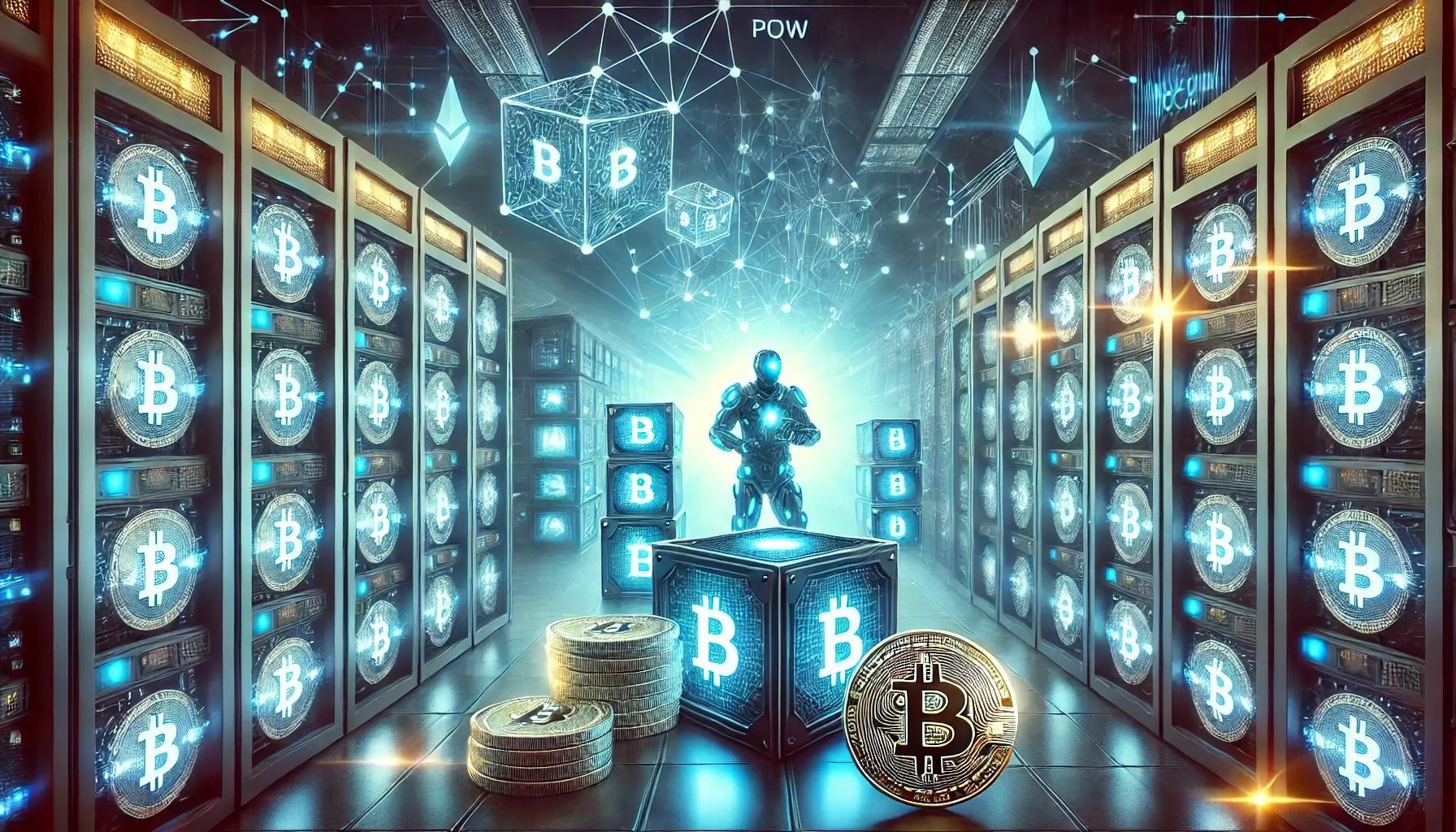 A digital illustration of the Proof of Work (PoW) consensus mechanism, showing a futuristic miner solving cryptographic puzzles in a blockchain network.