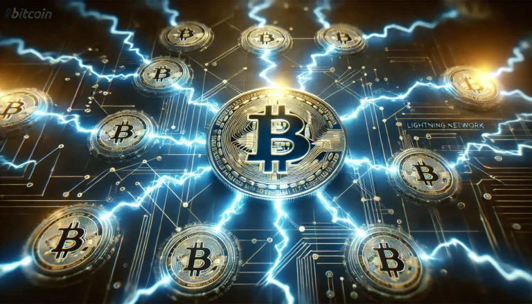 A futuristic digital illustration of the Lightning Network for Bitcoin, featuring a glowing Bitcoin logo with electric blue lightning bolts connecting decentralized nodes.