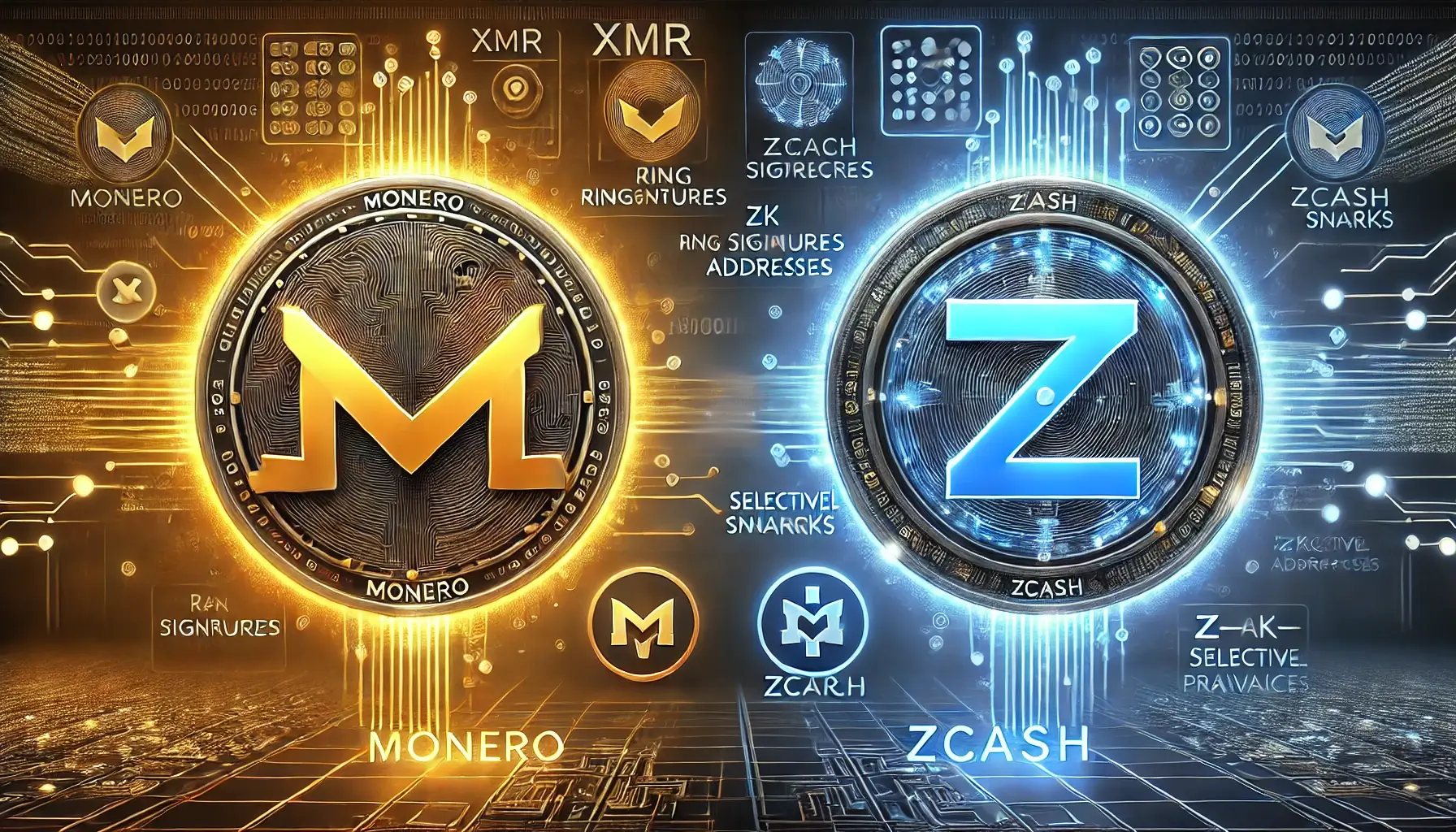 A futuristic digital illustration featuring Monero (XMR) and Zcash (ZEC) with cryptographic elements, symbolizing privacy-focused transactions.
