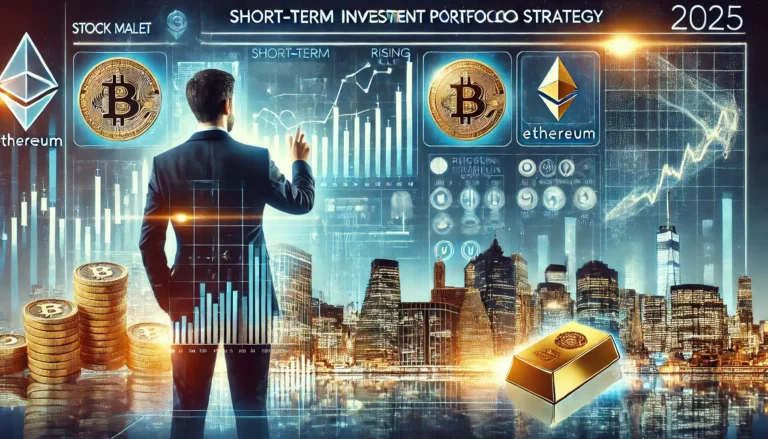 A futuristic digital illustration of a short-term investment portfolio strategy in 2025, featuring stock market charts, cryptocurrency symbols, and gold.