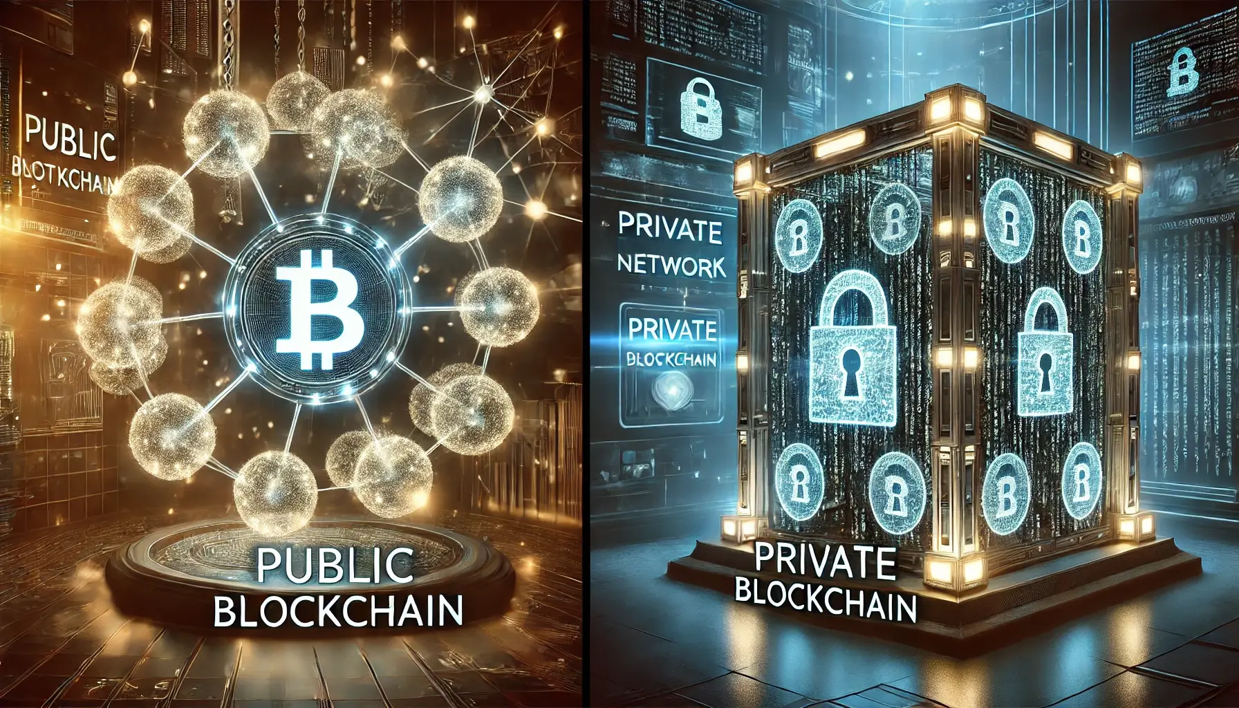 A futuristic comparison of public and private blockchains, showing an open decentralized network on the left and a secured private system on the right.