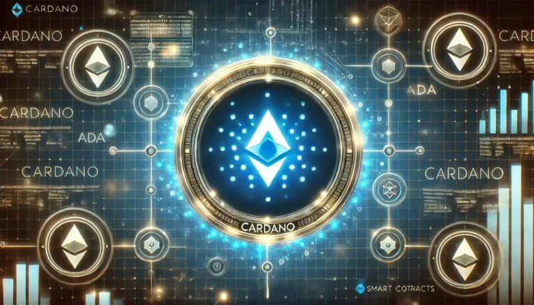A futuristic digital representation of the Cardano (ADA) cryptocurrency, featuring the Cardano logo, blockchain, and decentralized technology elements.