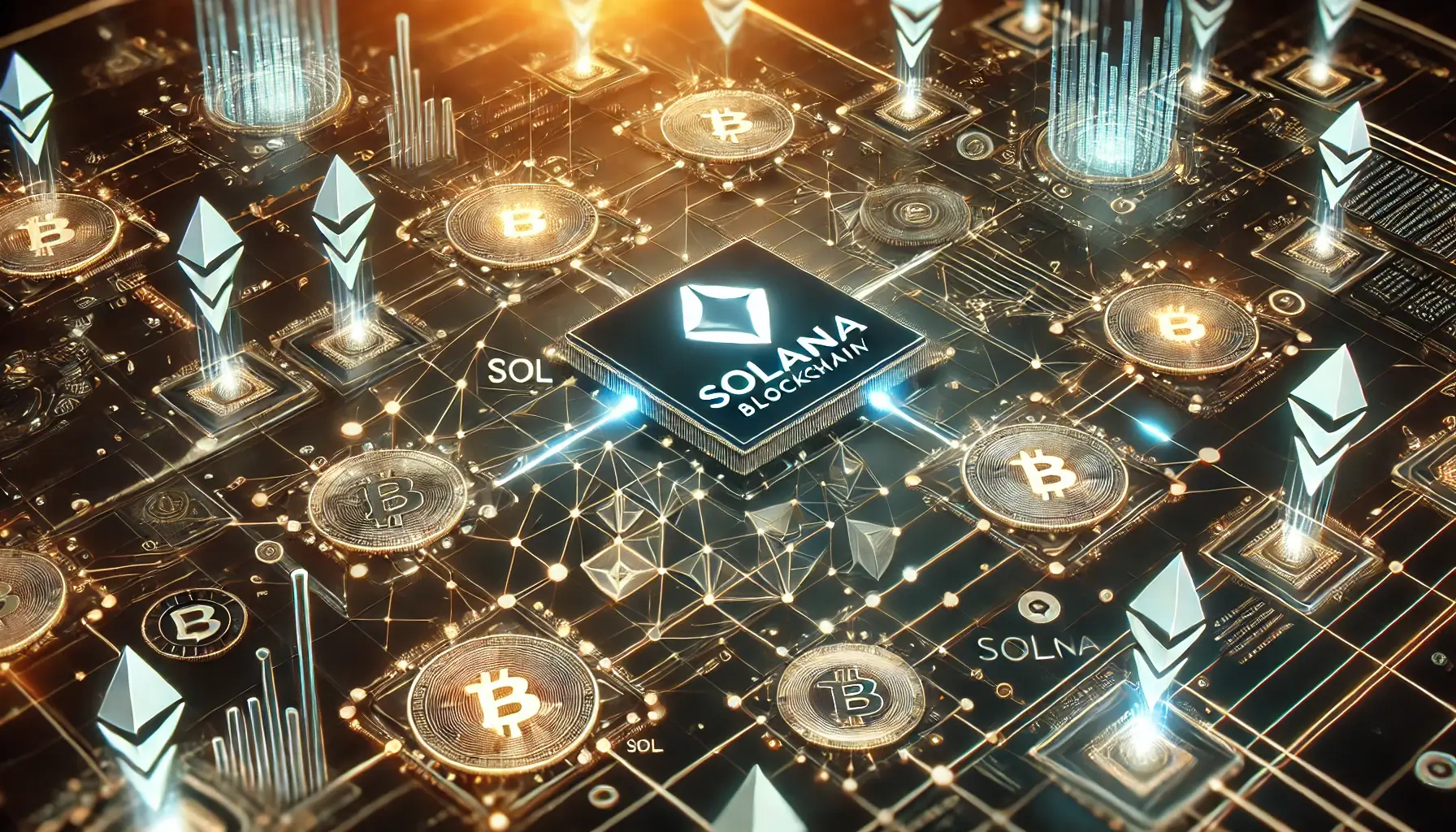 A dynamic representation of the Solana blockchain network, showcasing high-speed transactions and digital grids.