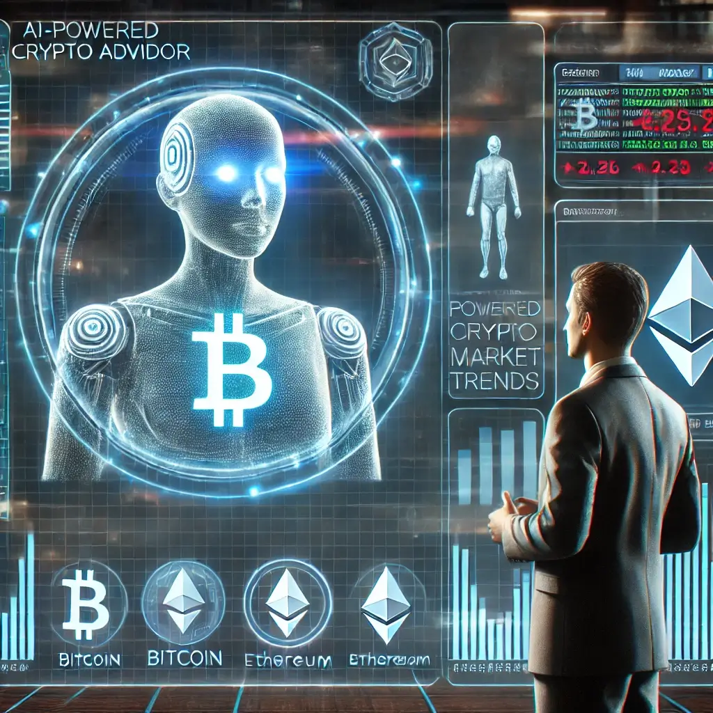 A glowing AI-powered crypto advisor hologram displaying real-time Bitcoin and Ethereum trends while guiding an investor in a futuristic setting.