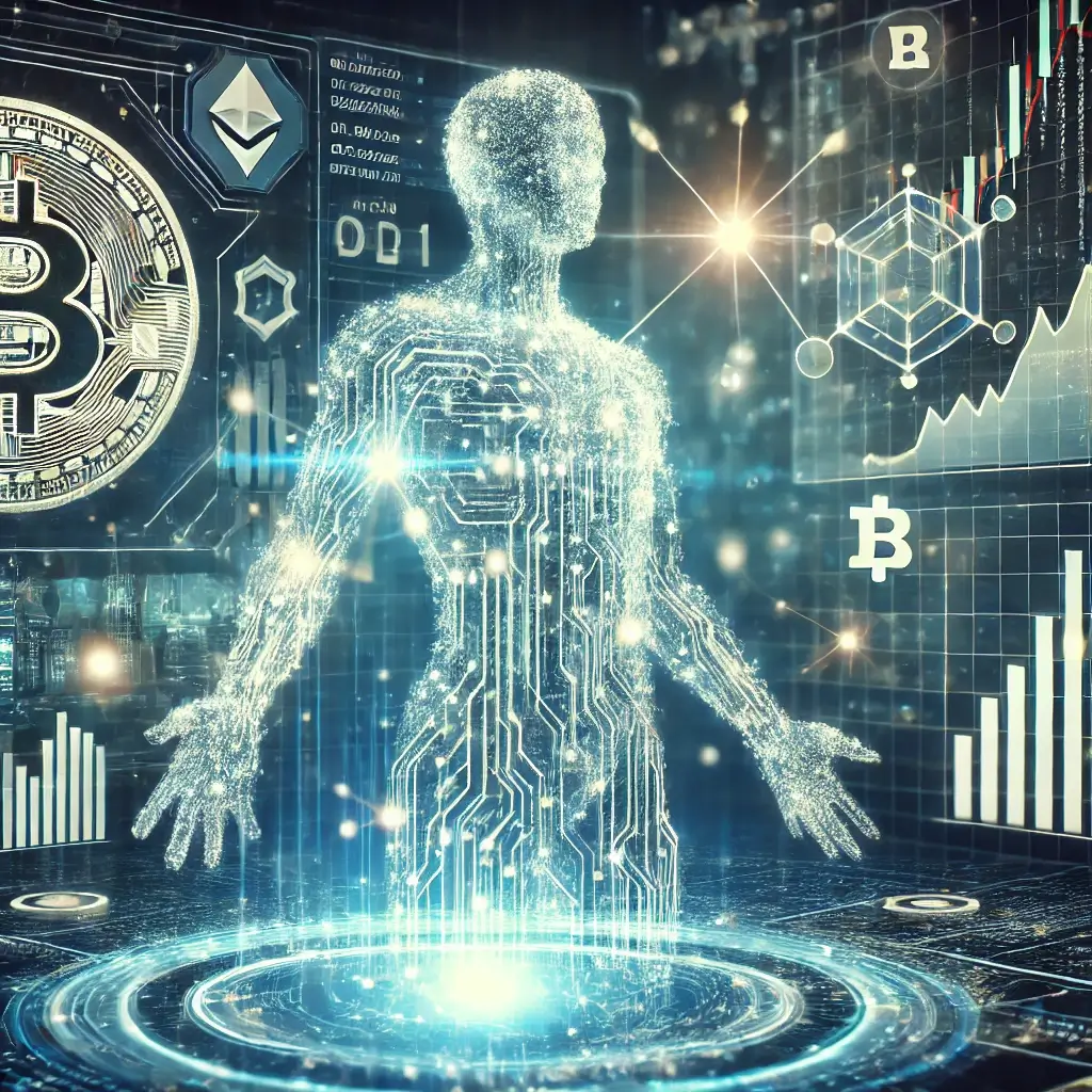A glowing humanoid AI strategist made of digital circuits analyzing a vast holographic blockchain network in a futuristic financial hub.