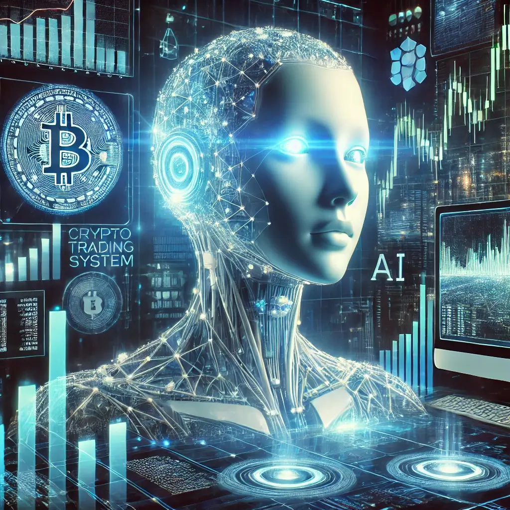 A glowing cybernetic AI entity seamlessly processing blockchain transactions and predicting market trends in a futuristic digital metropolis.