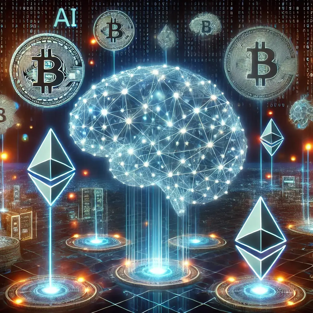 A massive holographic AI brain controlling a futuristic crypto economy, connected to floating Bitcoin and Ethereum symbols, with neon blockchain networks extending in all directions.