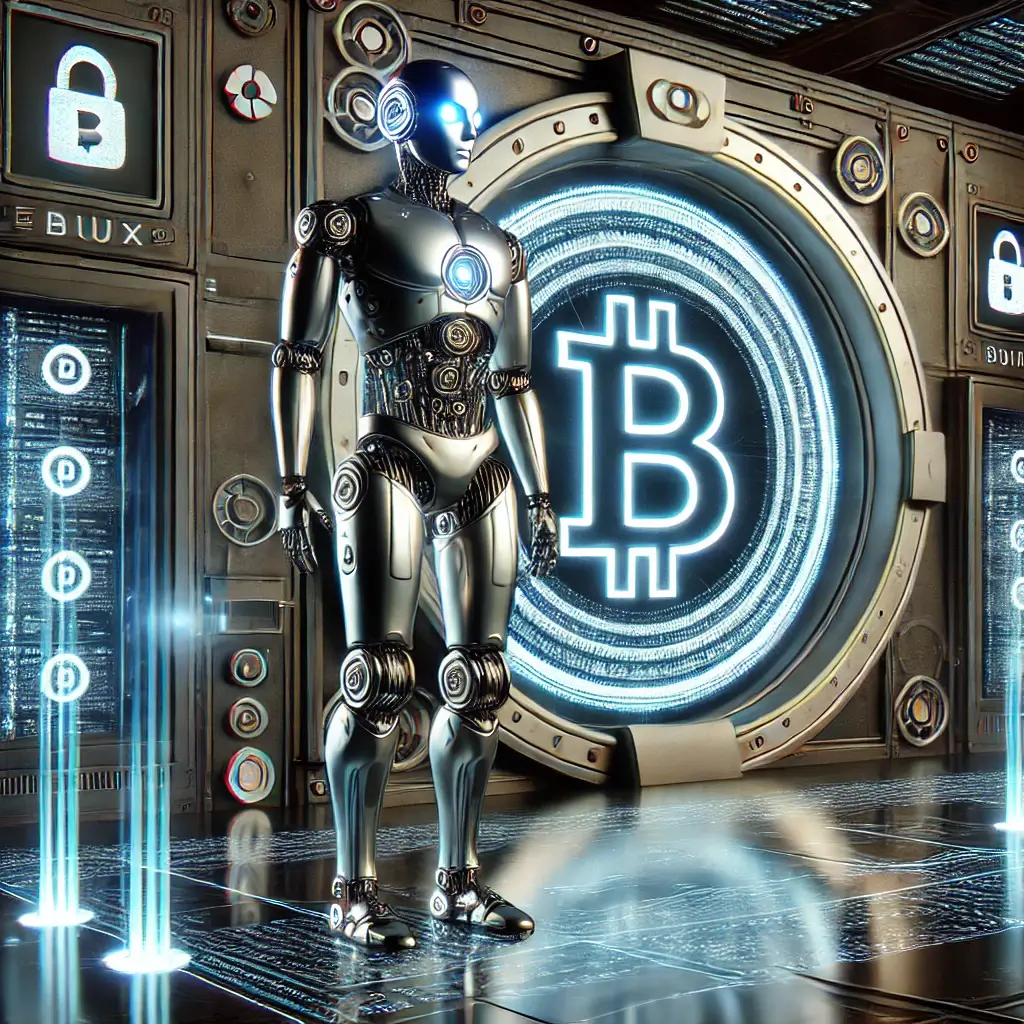 A sleek AI robotic guardian with glowing cybernetic eyes protecting a futuristic cryptocurrency vault with blockchain encryption symbols.