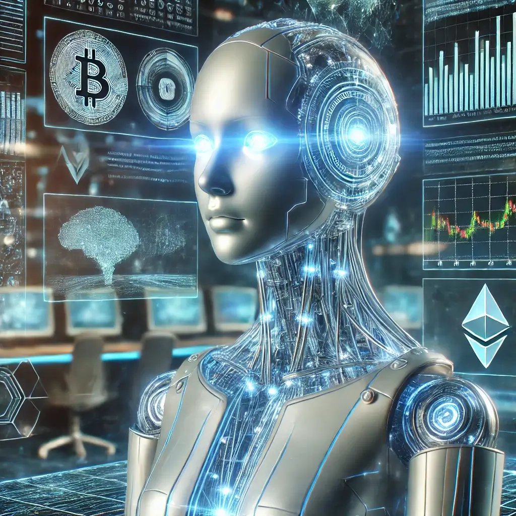 A glowing humanoid AI robot with neon circuits analyzing massive holographic blockchain data in a high-tech digital trading floor.