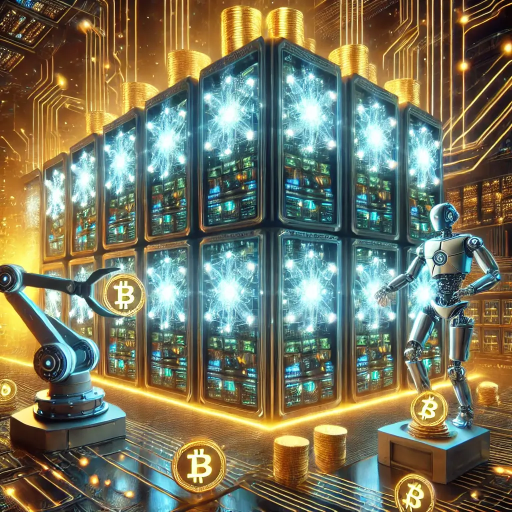 A futuristic AI-driven cryptocurrency mining facility with glowing quantum processors, robotic arms, and neon blockchain circuits optimizing digital coin extraction.