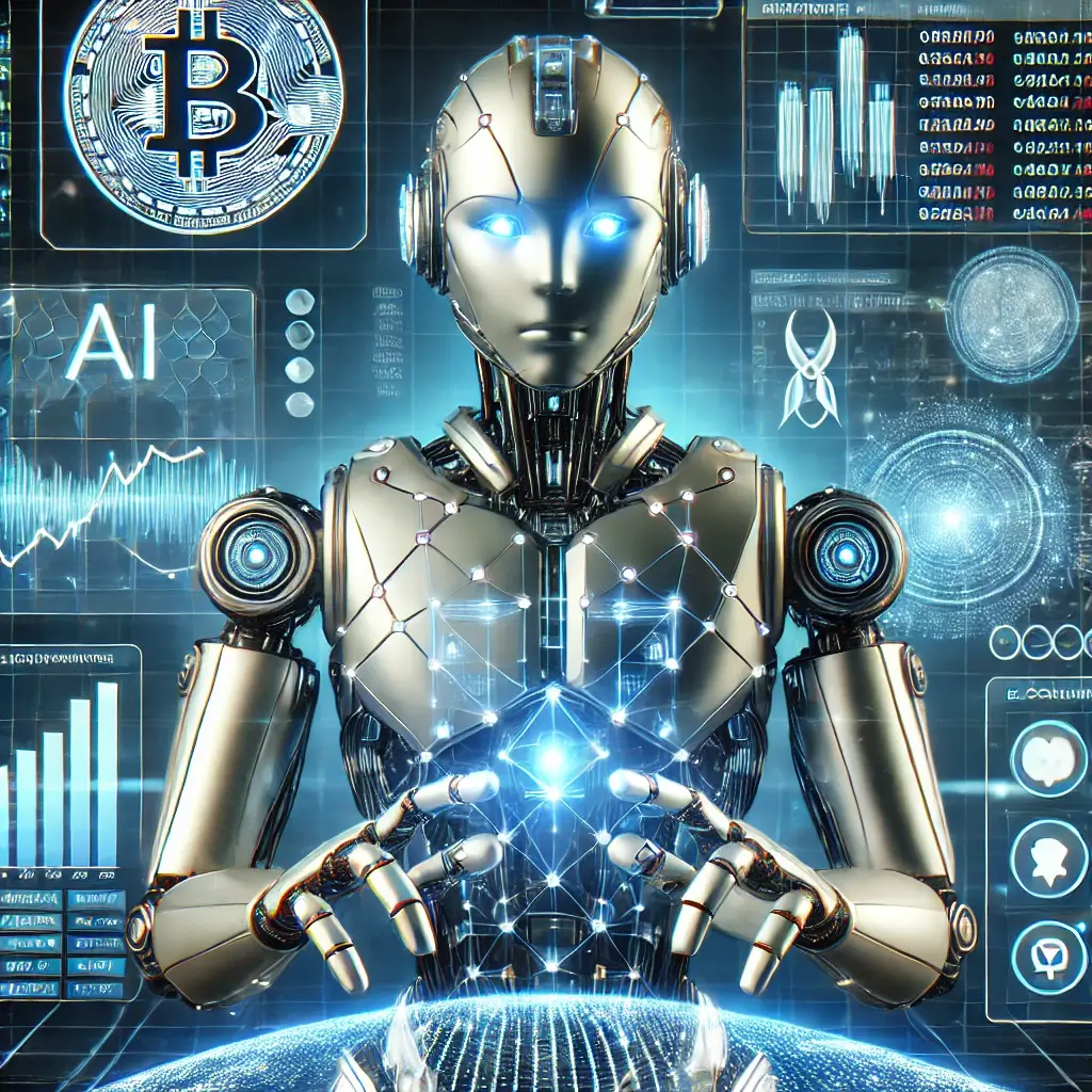 A sleek metallic AI trading bot managing a futuristic crypto exchange, surrounded by floating holographic market charts and blockchain algorithms.