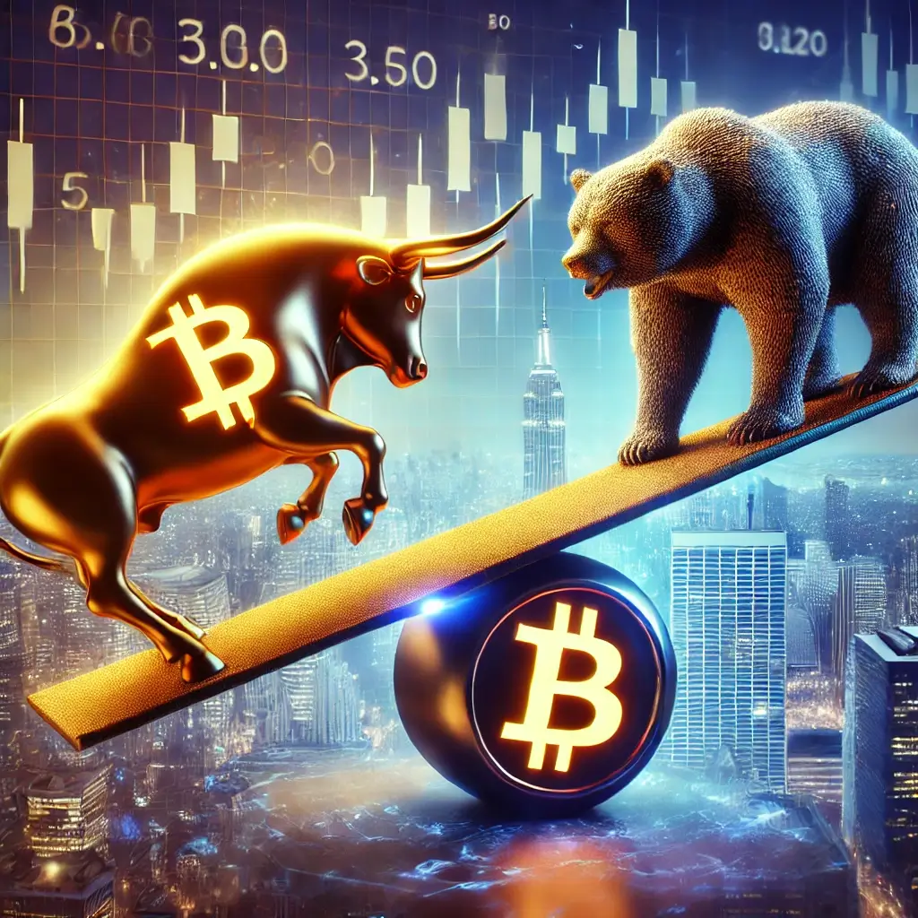 A Bitcoin bull glowing with golden energy and a shadowy crypto bear balanced on a giant seesaw made of a digital blockchain ledger, symbolizing market volatility.