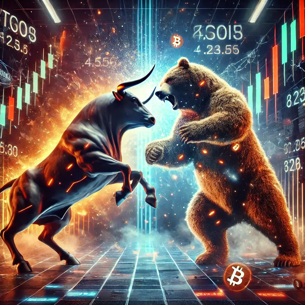 A massive Bitcoin bull and a raging crypto bear battle on a futuristic trading floor, with neon financial charts fluctuating wildly in the background.