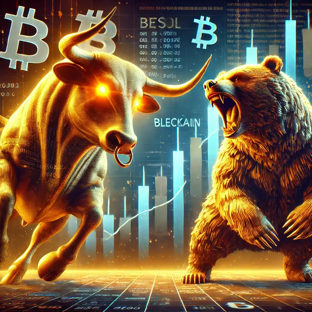 A golden Bitcoin bull with glowing eyes charges forward against a powerful bear made of digital code, symbolizing a battle between market surges and downturns.