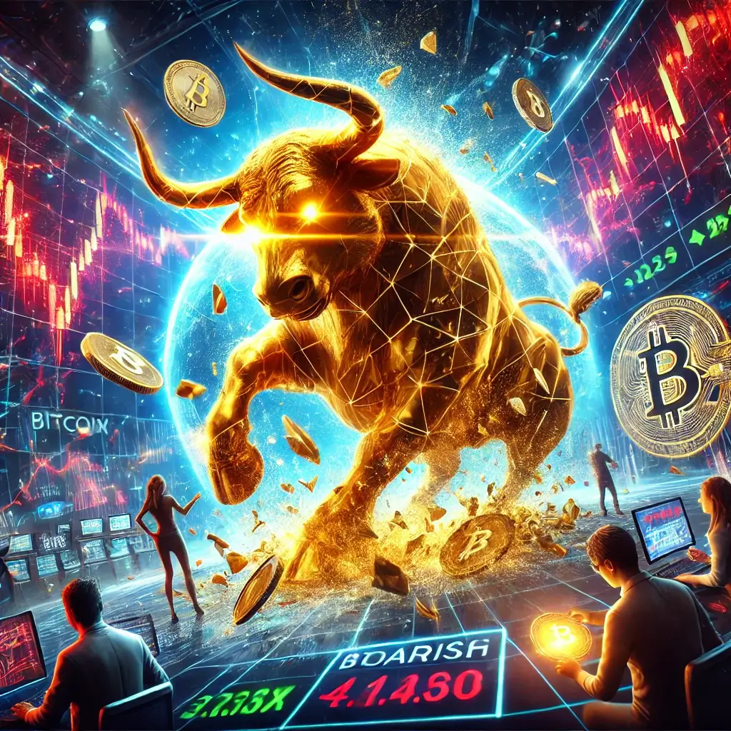 A colossal golden Bitcoin bull charges through a futuristic stock exchange, shattering red bearish graphs as traders watch in awe and market numbers turn green.