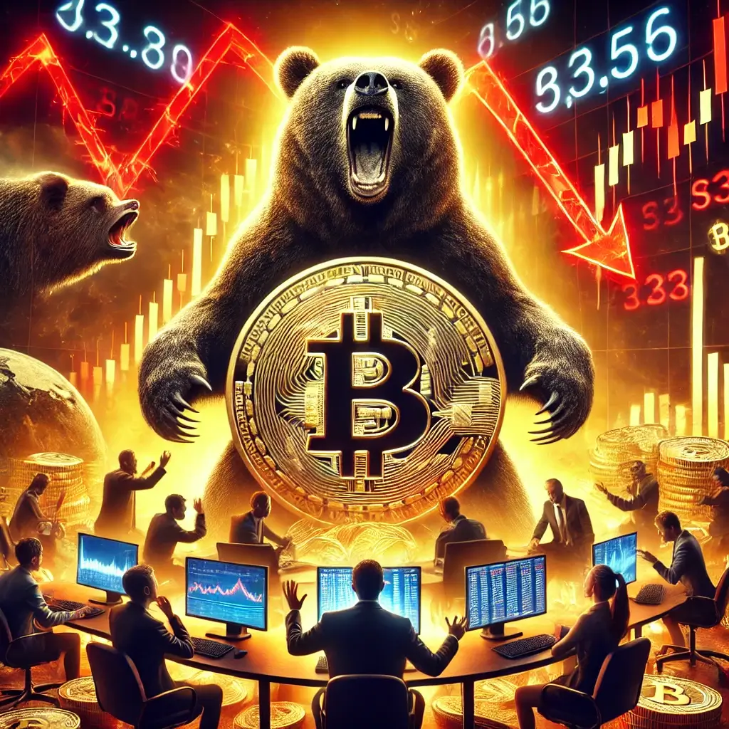A massive golden Bitcoin coin surrounded by shocked traders as digital market charts plummet, with a looming bear symbolizing a bearish market trend.