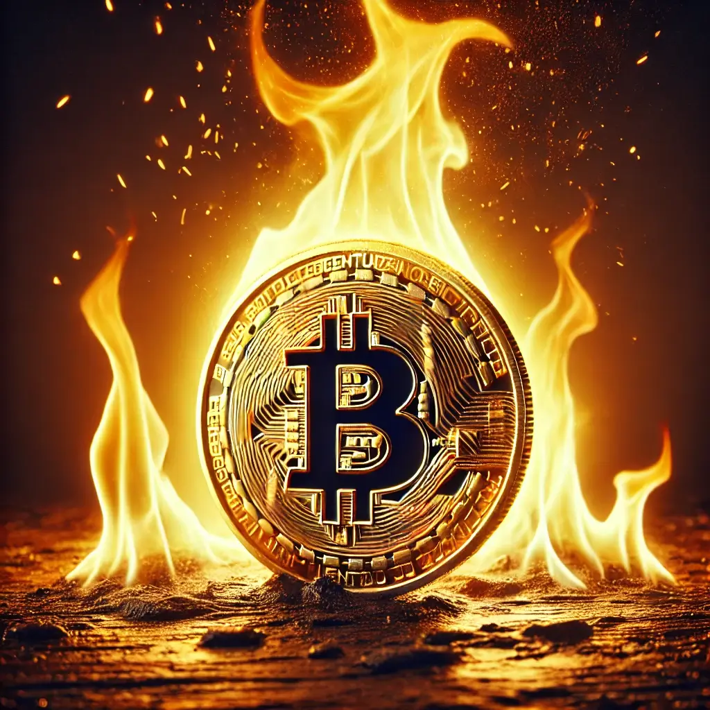 A golden Bitcoin coin emerging from flames, symbolizing resilience and growth despite financial turmoil and market crashes.