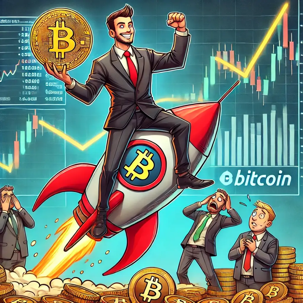 A person in a suit confidently holding a Bitcoin logo while riding a rocket upward, symbolizing a crypto bull market, as worried traders watch from below.