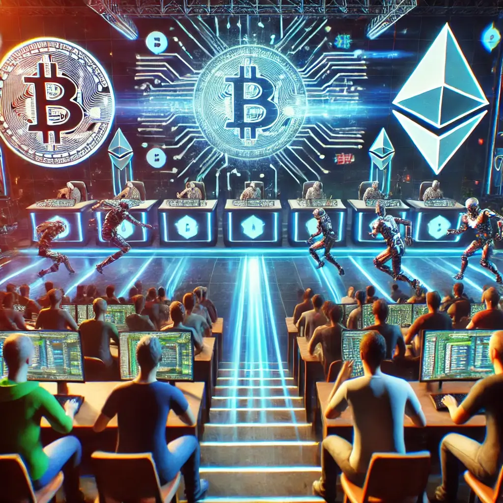 A futuristic esports-style crypto trading arena where traders battle using Bitcoin and Ethereum as weapons, with glowing screens and an excited audience.