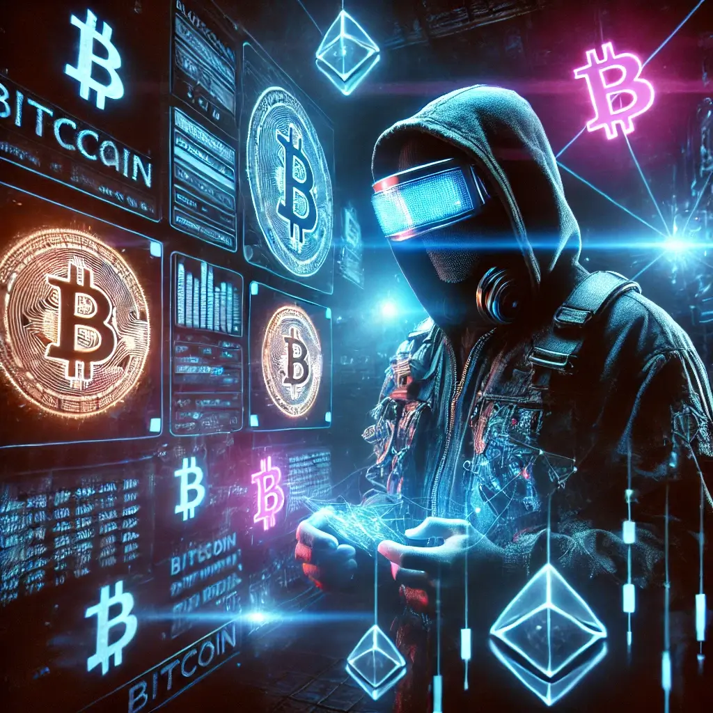 A cyberpunk-style hacker in a neon-lit room, surrounded by holographic blockchain codes and floating Bitcoin symbols, analyzing a massive crypto transaction.