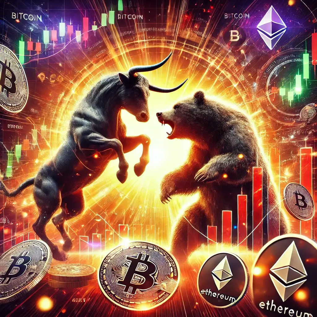 A dynamic illustration of a bull and a bear clashing, symbolizing cryptocurrency market trends, with Bitcoin and Ethereum coins floating around and digital trading charts in the background.