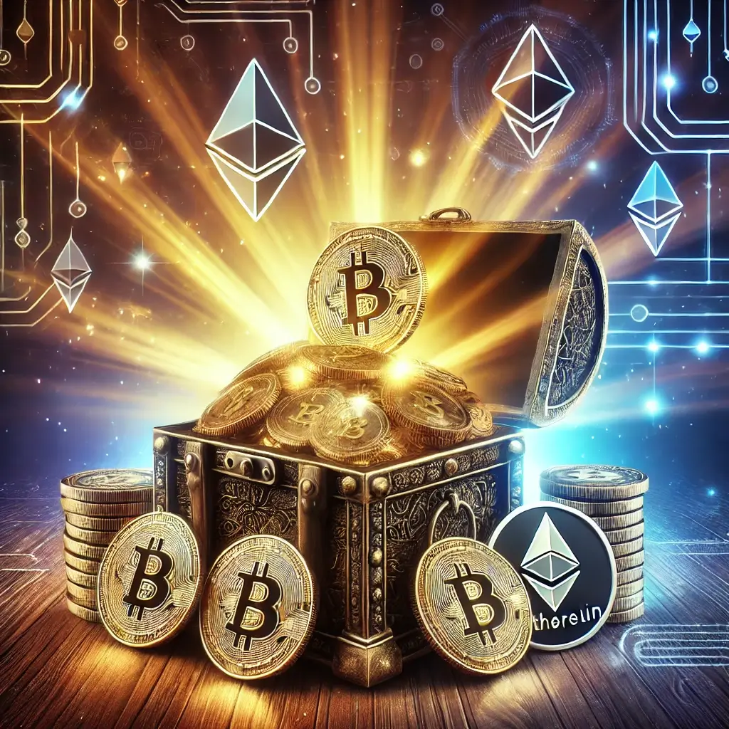 A digital treasure chest filled with glowing Bitcoin, Ethereum, and other cryptocurrency coins, emitting a radiant light against a futuristic blockchain-inspired background.