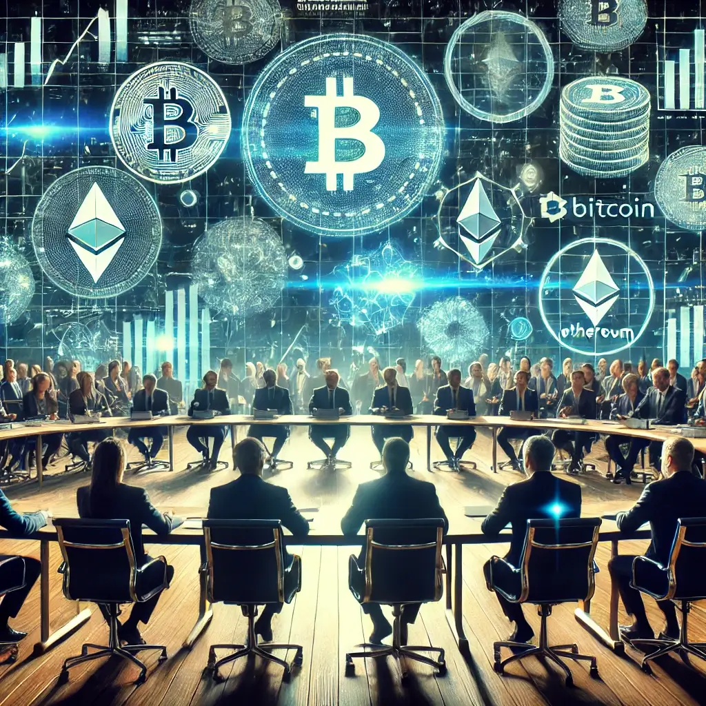 Influential business leaders and policymakers in a high-tech conference, debating cryptocurrency regulations with holographic Bitcoin and Ethereum charts surrounding them.