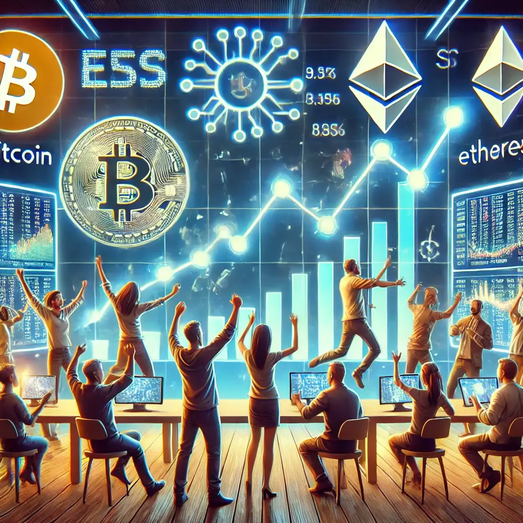 A group of investors analyzing Bitcoin and Ethereum charts on large digital screens, with mixed emotions as they react to market fluctuations in a futuristic setting.