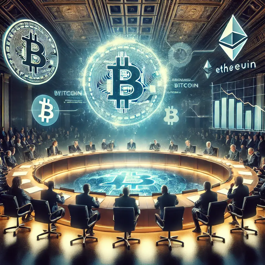 A tense government chamber where world leaders discuss Bitcoin and blockchain regulations, with floating digital currency symbols and holographic economic charts.