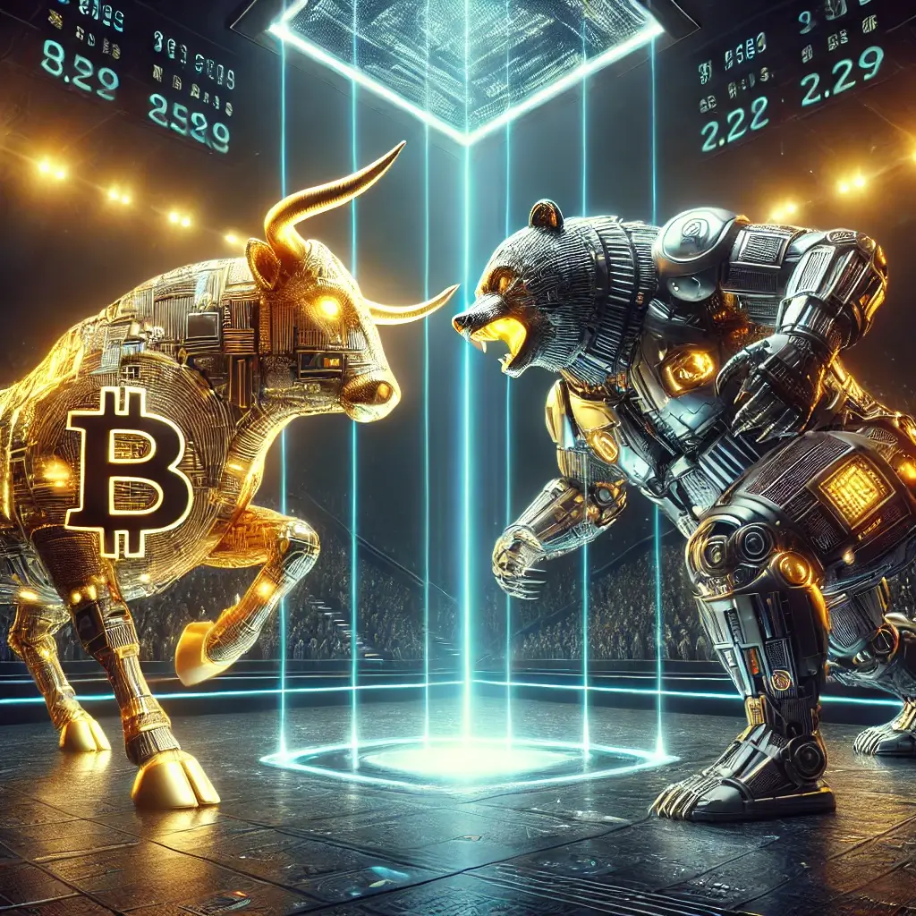 A cybernetic Bitcoin bull with glowing blockchain circuits faces off against a mechanical crypto bear powered by dark crypto energy in a futuristic digital coliseum.