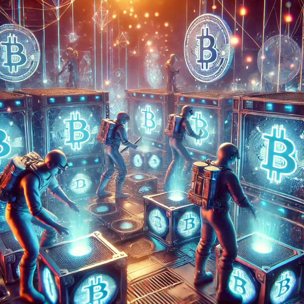 A group of miners in high-tech suits working around glowing Bitcoin mining rigs, with floating blockchain symbols in a neon-lit cyberpunk environment.