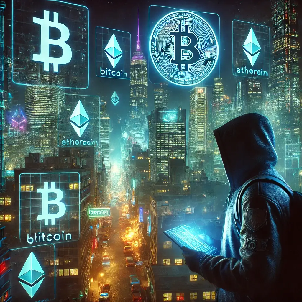 A dystopian cyberpunk city where cryptocurrency dominates, with neon-lit skyscrapers displaying Bitcoin and Ethereum symbols, and a hooded hacker holding a digital tablet with blockchain codes.