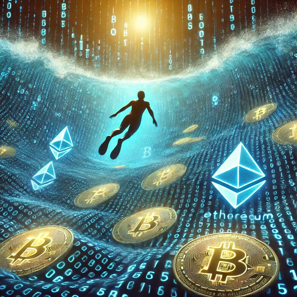A person dives into a vast digital ocean made of glowing Bitcoin and Ethereum symbols, with blockchain codes floating in the water, symbolizing deep crypto involvement.