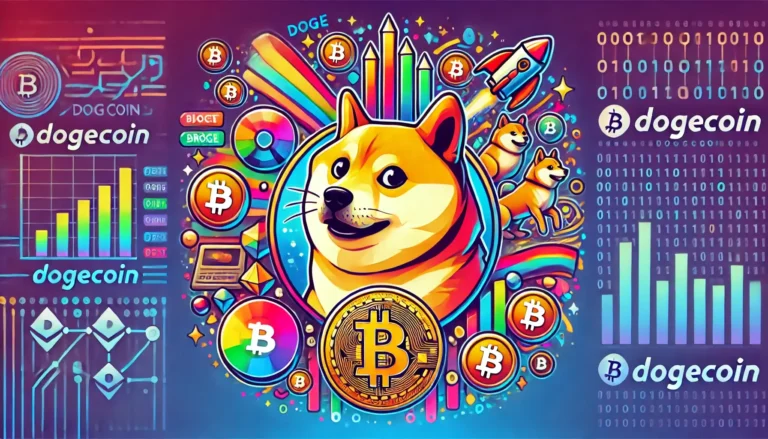 Dogecoin (DOGE) meme with Shiba Inu dog and the Dogecoin logo, symbolizing the playful nature of this cryptocurrency.