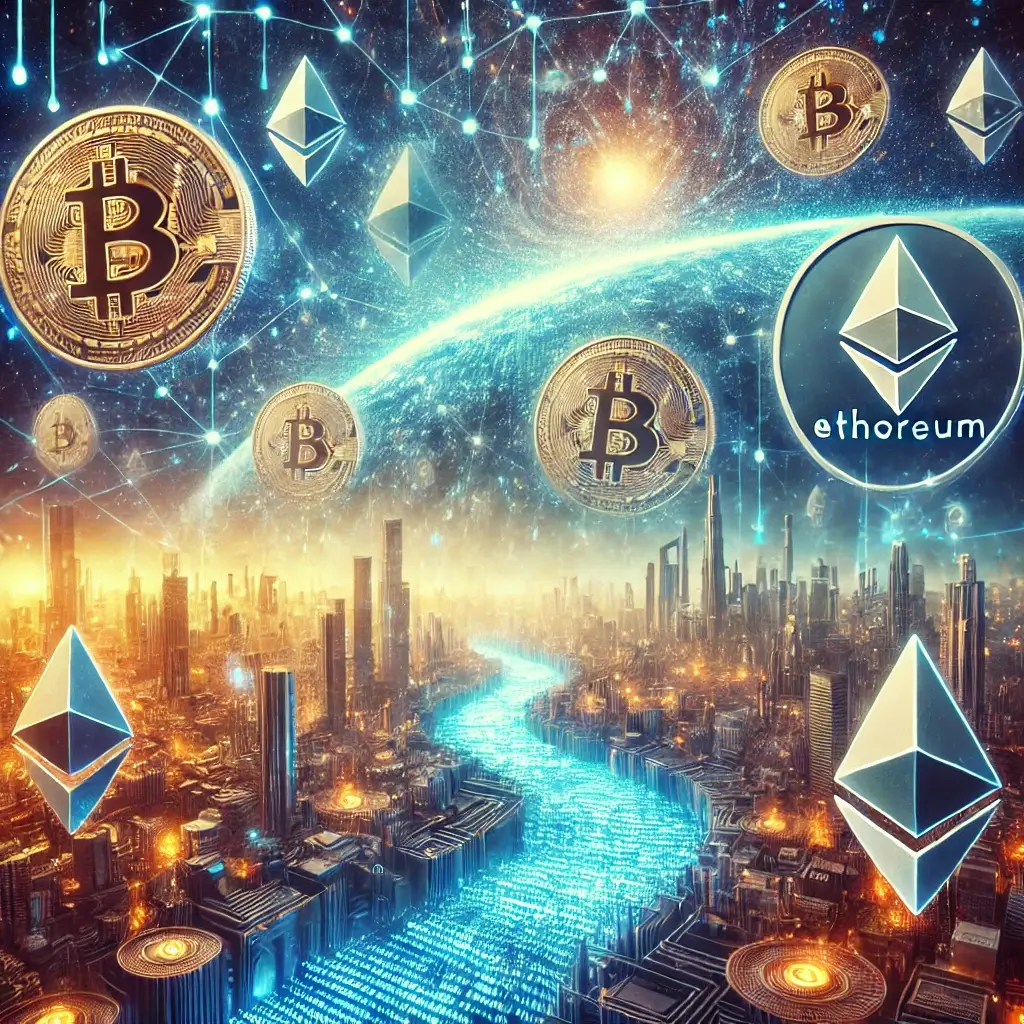 A futuristic landscape with floating Bitcoin and Ethereum coins in a glowing blockchain sky, overlooking a cyberpunk city and a digital river made of flowing code.