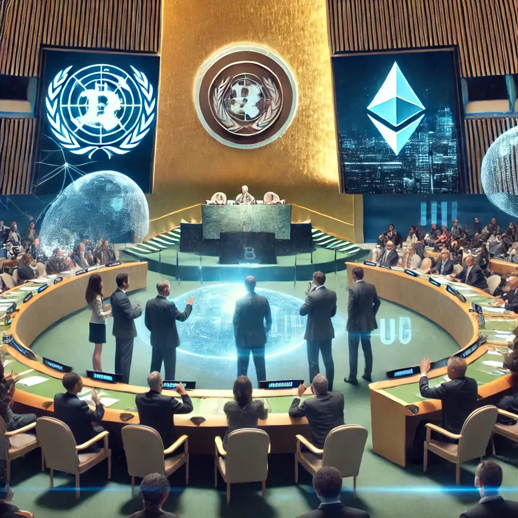 A tense political debate in a futuristic United Nations assembly, where world leaders argue over cryptocurrency regulation with floating Bitcoin and Ethereum symbols.