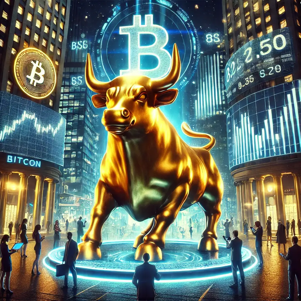 A massive golden Bitcoin bull statue stands triumphantly in a futuristic financial district, surrounded by traders, investors, and holographic crypto charts displaying surging prices.
