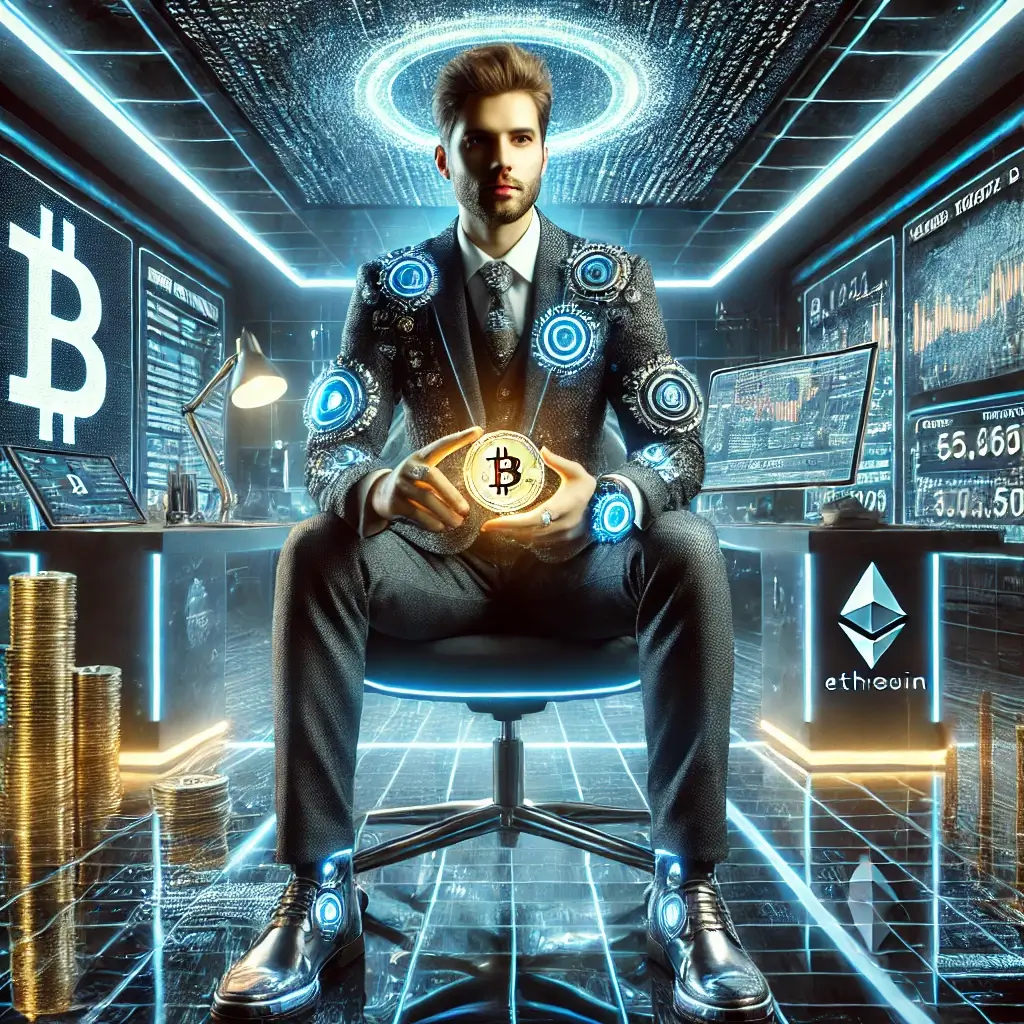A futuristic crypto billionaire in a high-tech office, surrounded by massive screens displaying Bitcoin and Ethereum prices, holding a glowing crypto wallet.