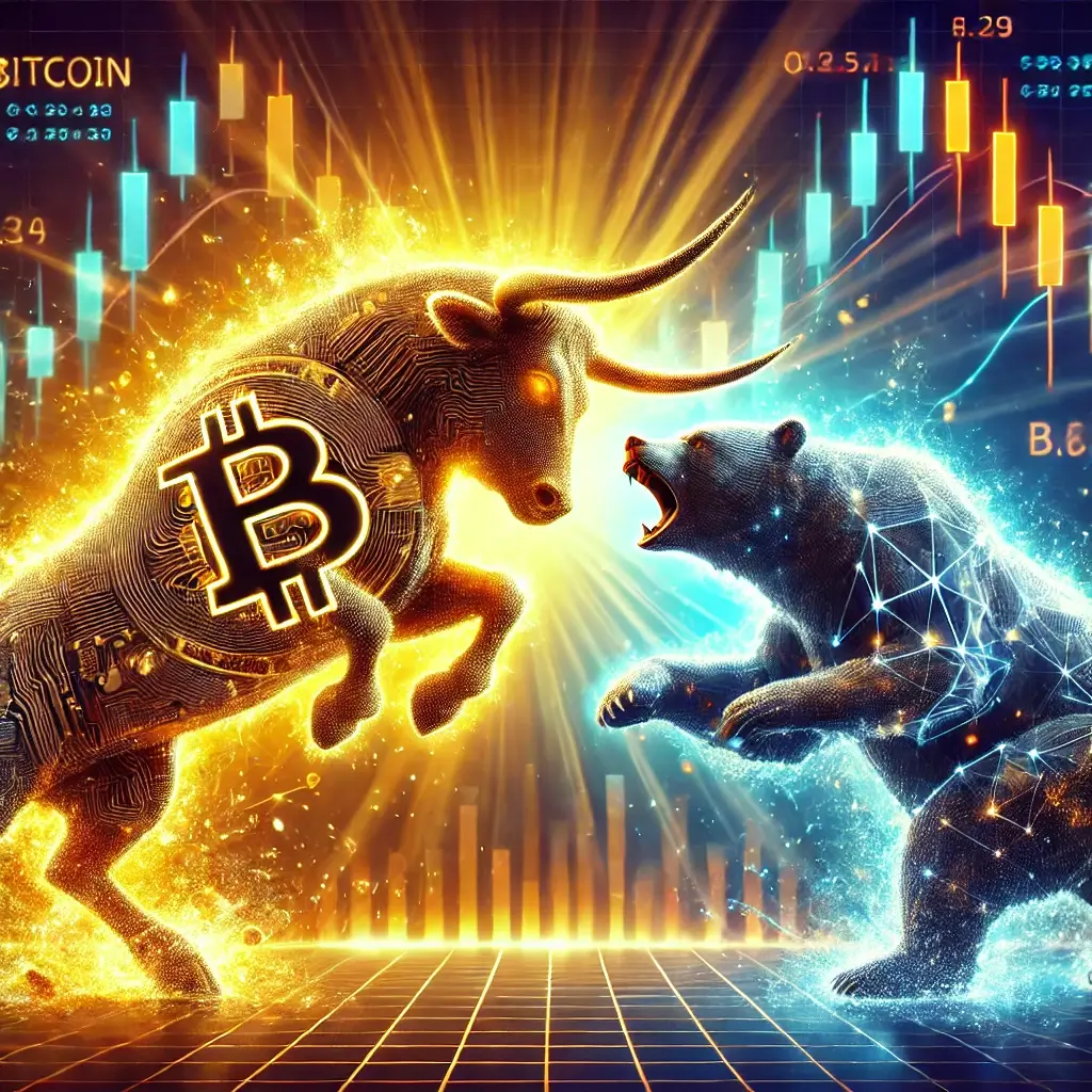 A massive Bitcoin bull glowing with golden blockchain energy collides with a dark crypto bear, causing a shockwave of digital energy in a futuristic market landscape.