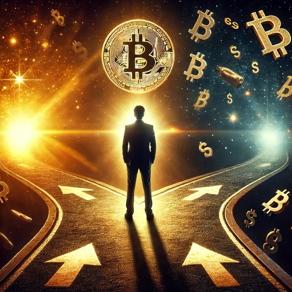 A person stands at a crossroads with two paths—one glowing with Bitcoin success and the other dark with financial ruin, symbolizing the risks and rewards of crypto investments.