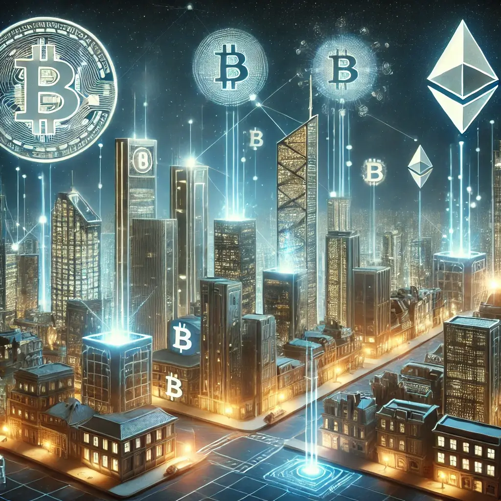 A futuristic city where blockchain technology powers everything, with skyscrapers shaped like Bitcoin and Ethereum logos, glowing transaction lines, and hovering digital wallets.