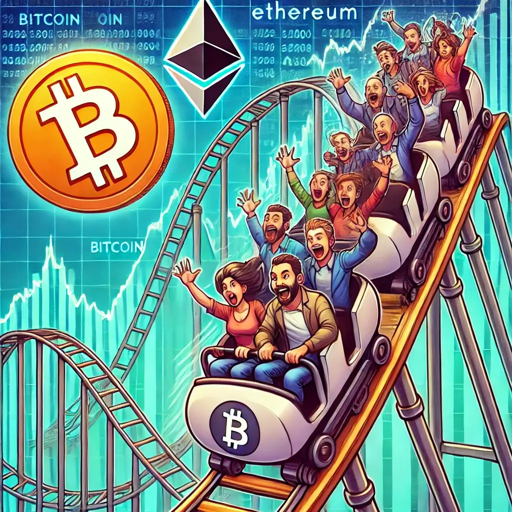 A roller coaster with Bitcoin and Ethereum symbols on the cars, carrying excited and terrified traders as the track steeply rises and falls, symbolizing crypto market swings.