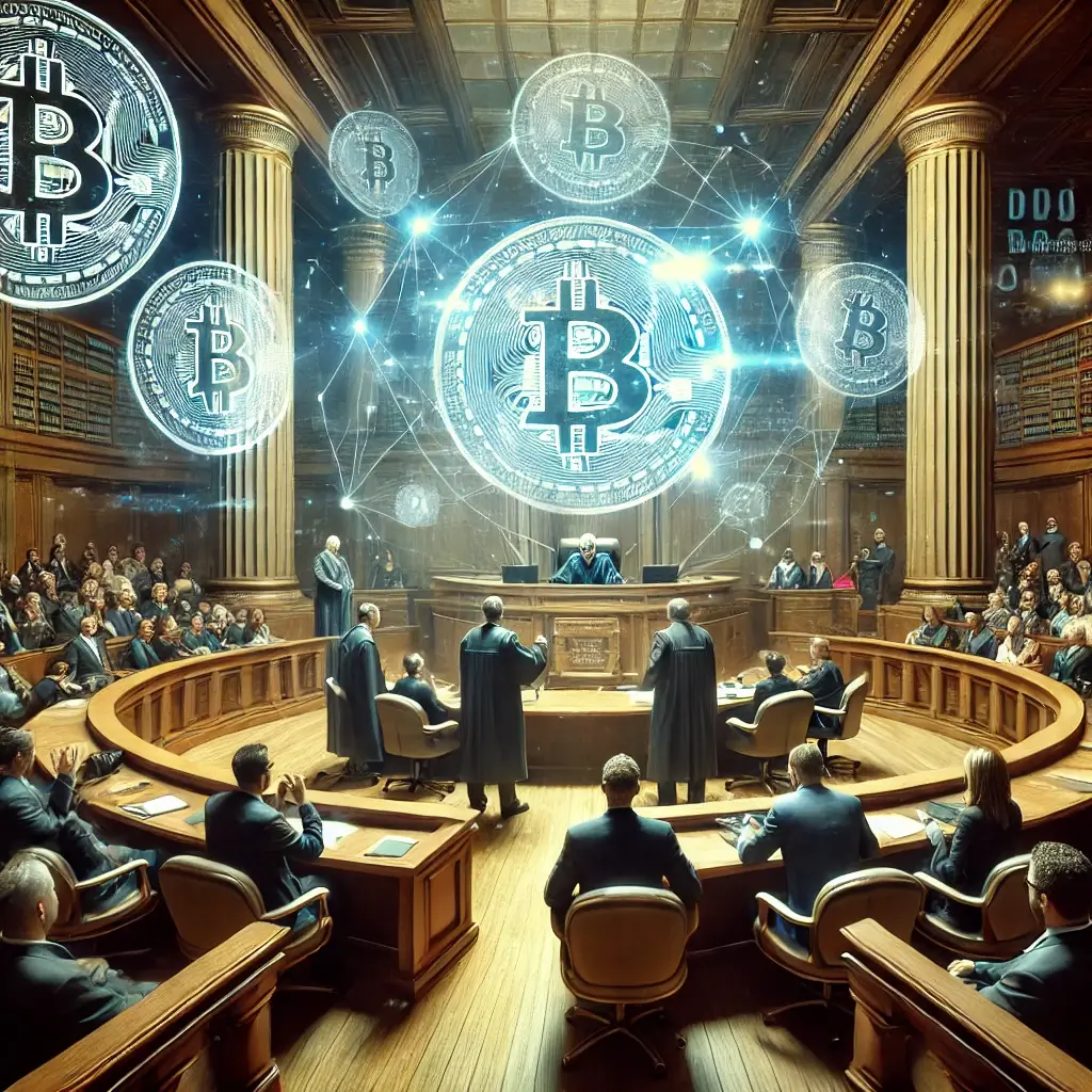 A grand, futuristic courtroom where a judge wearing digital glasses presides over a high-stakes cryptocurrency trial, with holographic Bitcoin transactions floating in the air and lawyers debating crypto regulations.